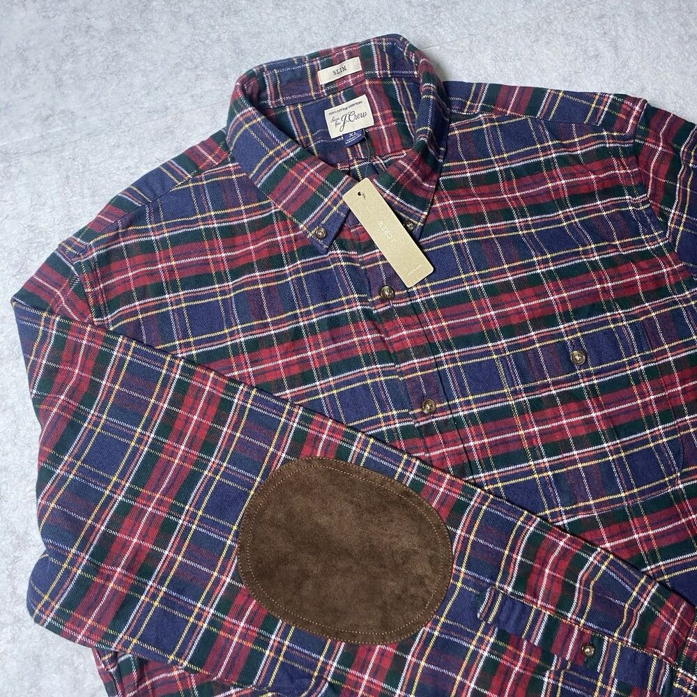 New J Crew Shirt Mens XL Slim Multicolor Plaid Elbow Patch Long Sleeve Button Up
